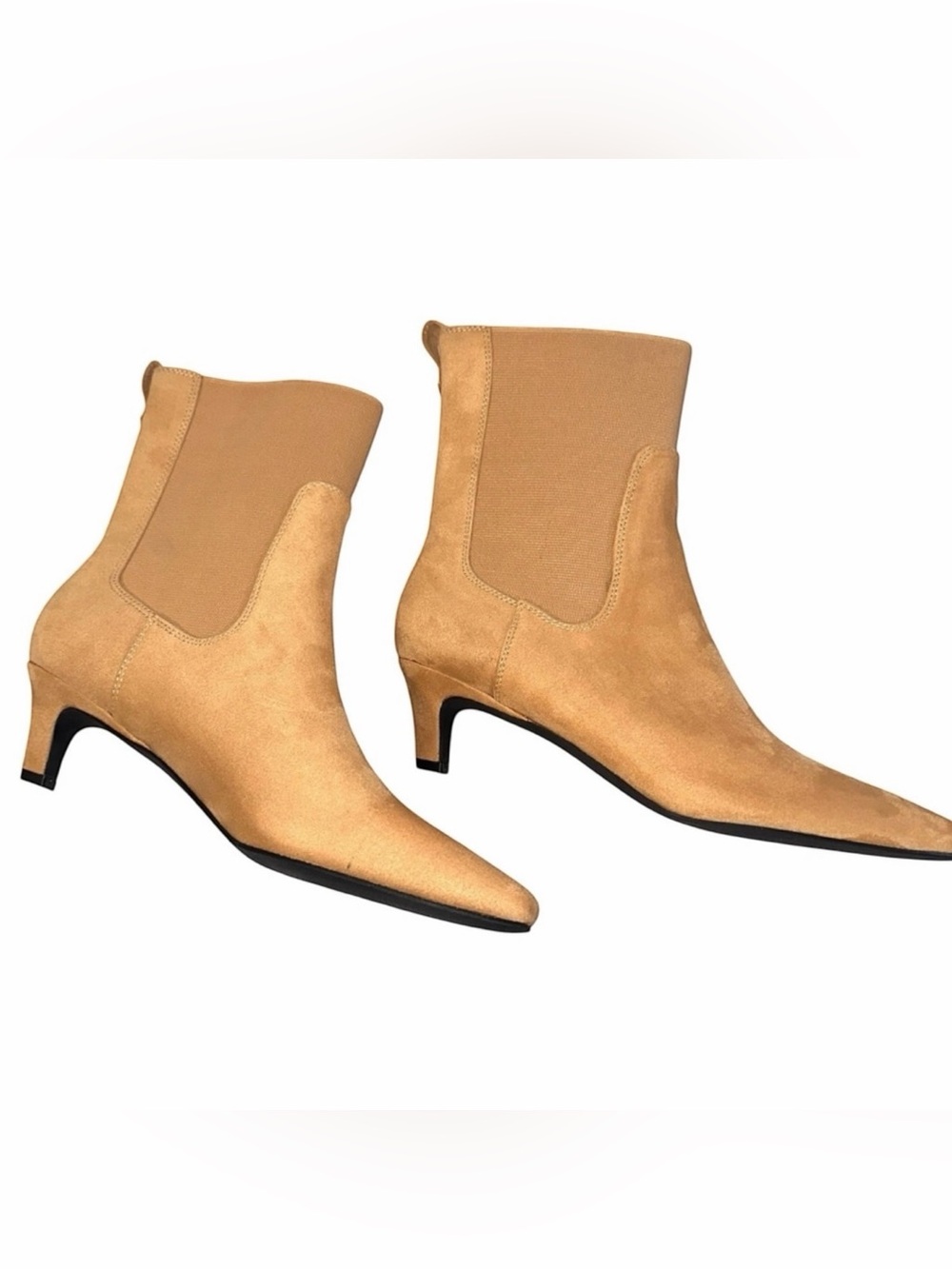 COUTGO Womens Kitten Heel Suede Boots Size 7.5 Tan Pointed Toe Knit Shaft